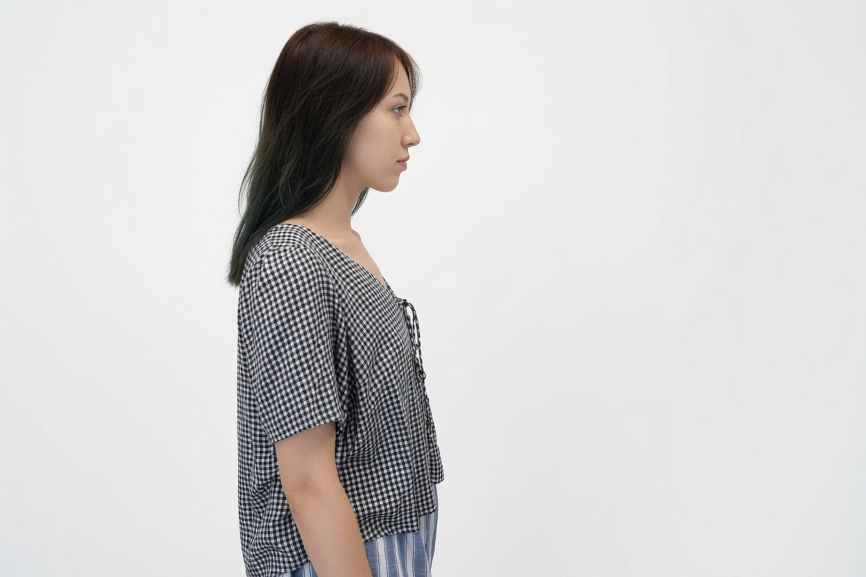 Short-Sleeve Gingham Button-Up Blouse Top