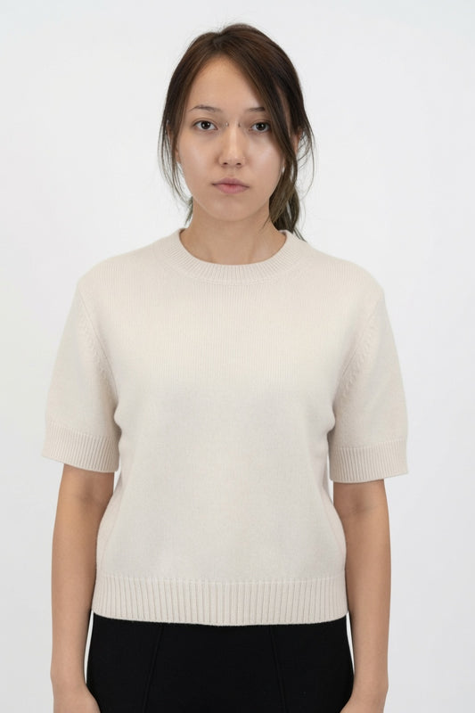 Cropped Solid Fine Knit Crew Neck Sweater