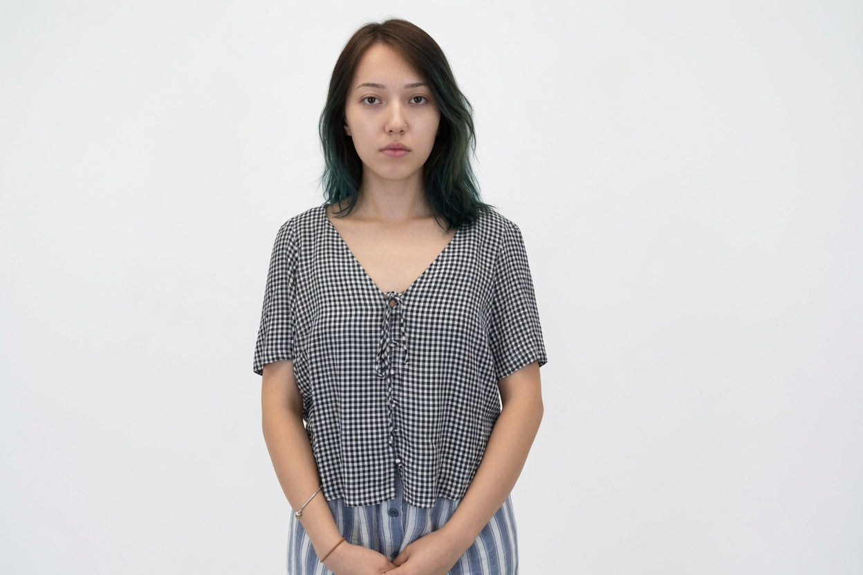 Short-Sleeve Gingham Button-Up Blouse Top