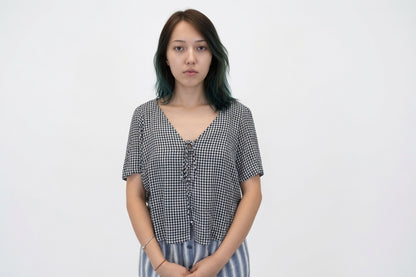 Short-Sleeve Gingham Button-Up Blouse Top
