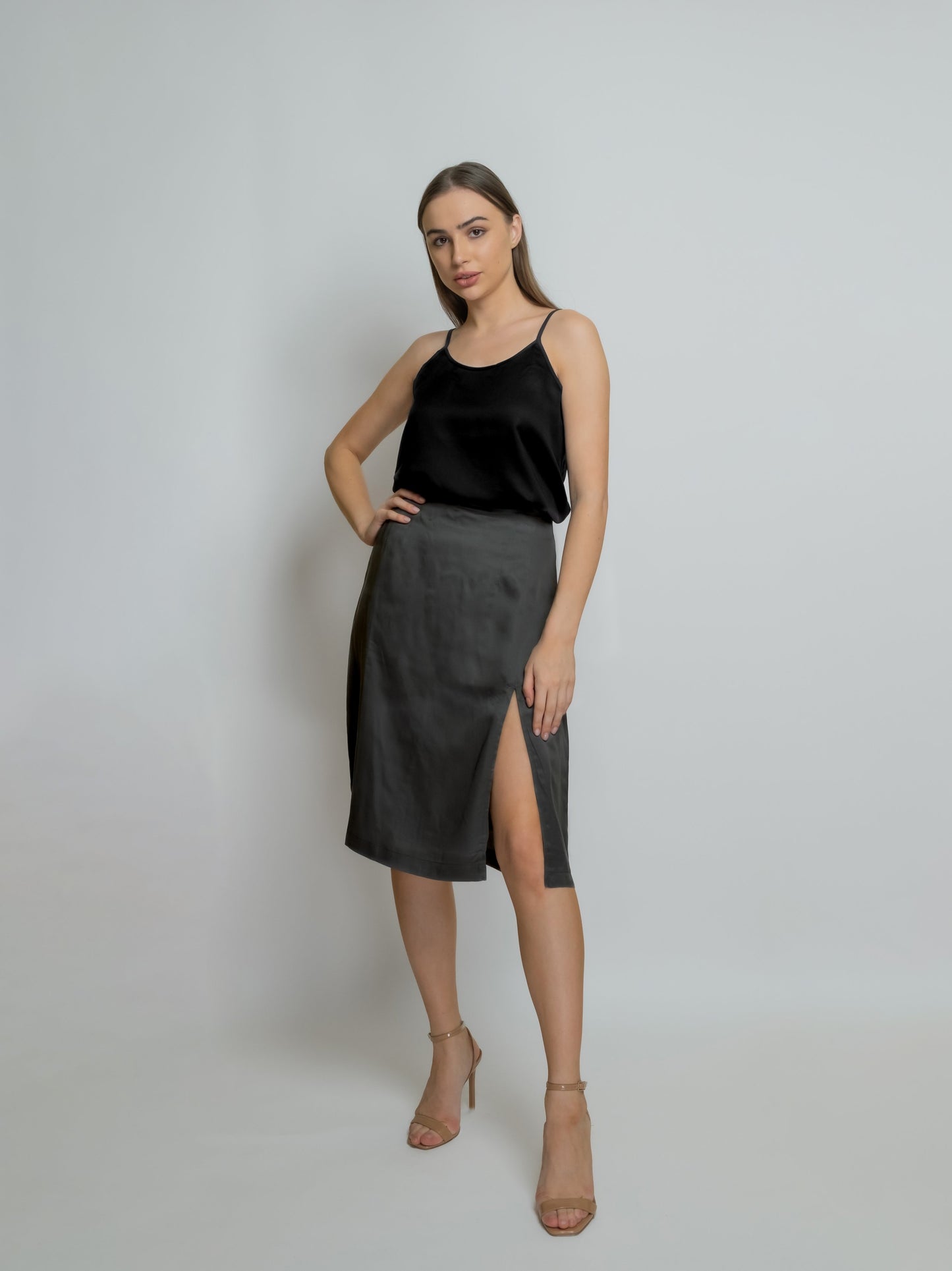 Organic Knee-Length Bamboo Silk Skirt: Dark Grey image 1
